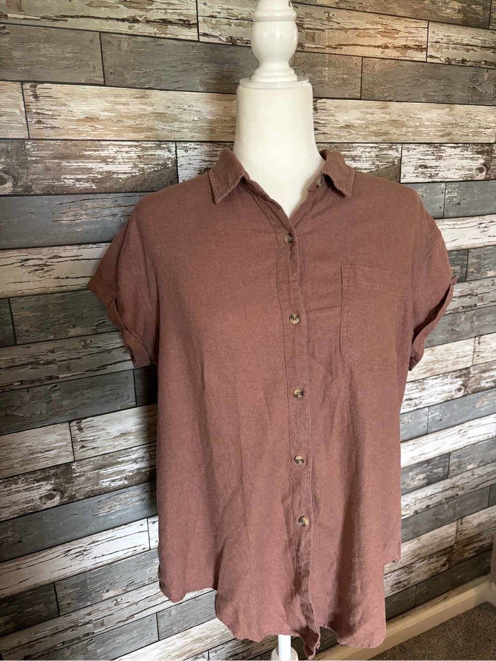 Falls Creek Short Sleeve Button Down Brown Earthy Linen Blend Shirt Womens M